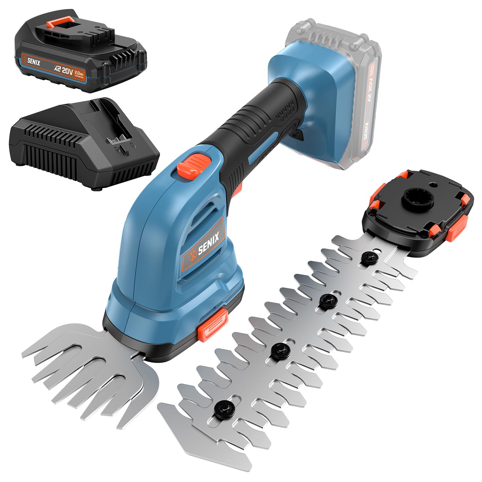 Senix X2 20 Volt Max* 2-in-1 Cordless Hedge Trimmer and Grass Shear with Interchangeable 4-Inch and 8-Inch Blades, Includes 2.0 Ah Battery and Charger (GSX2-M)