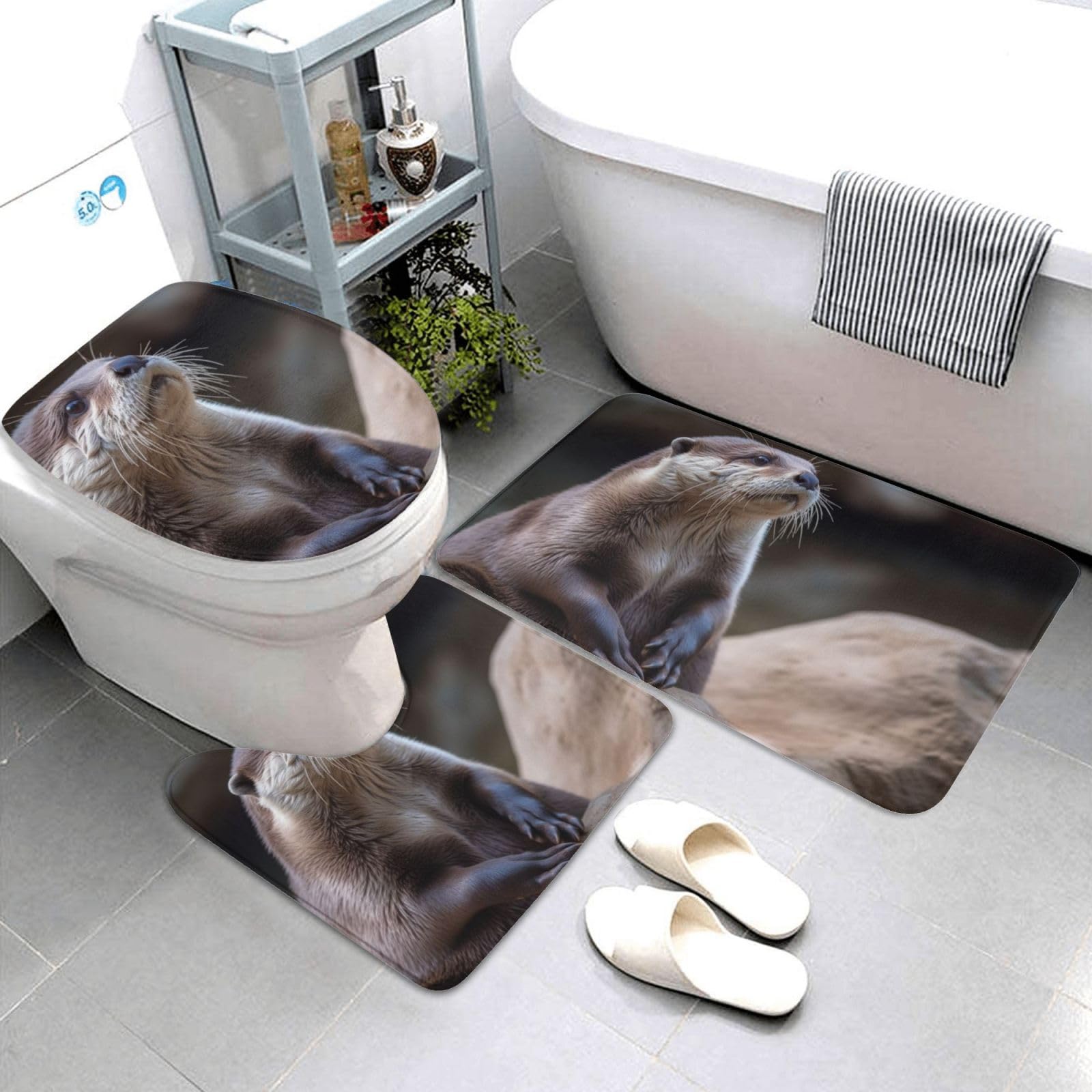 OUSIKA Set di tappetini da bagno con stampa a tema "Giocare nell'acqua", 3 pezzi inclusi, tappetino da contorno assorbente per bagno