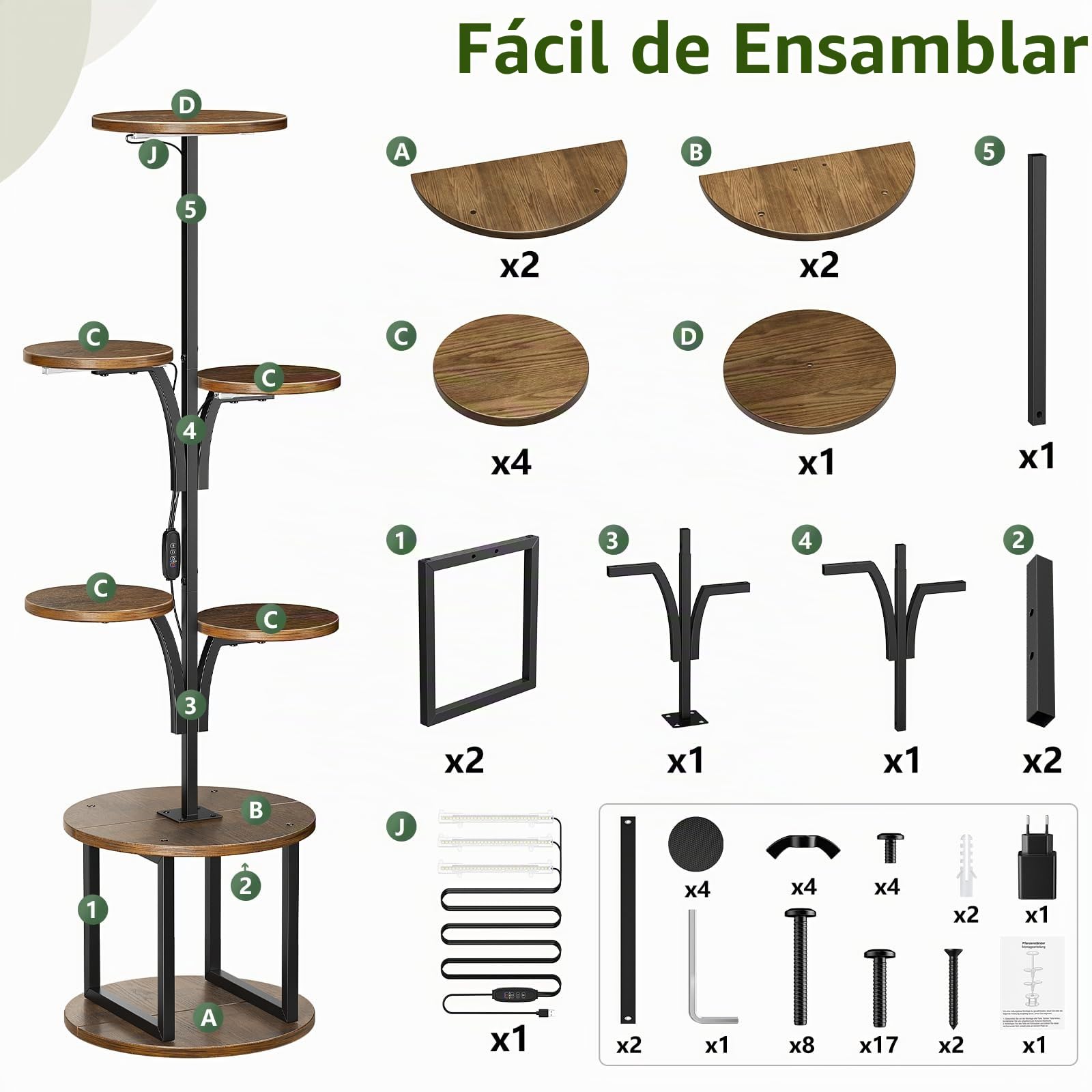 Estantería para Plantas con Luz de Crecimiento, Soporte para Plantas Interior 7 Niveles Diseño de Árbol, Estantería Plantas de Metal y Madera con Temporizador 3/9/12h y Brillo Ajustable