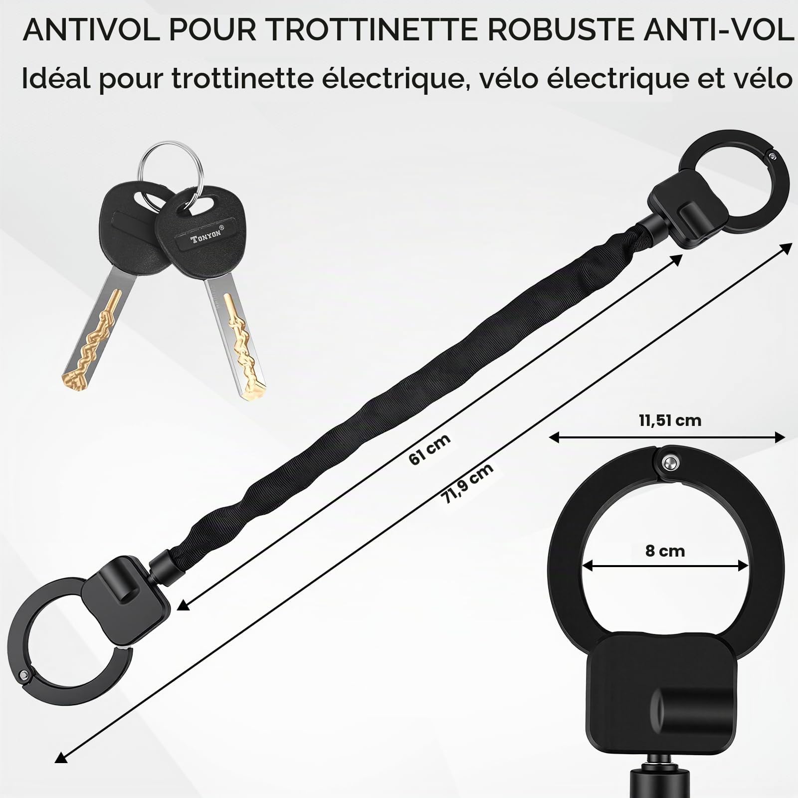 GuKKK Antivol Trotinette Electrique, 72CM Cadenas Trotinette Electrique Renforcé avec Clés et 3L Sac Etanche,Antivol Sécurisé pour Scooter, Vélo et Trottinette Électrique