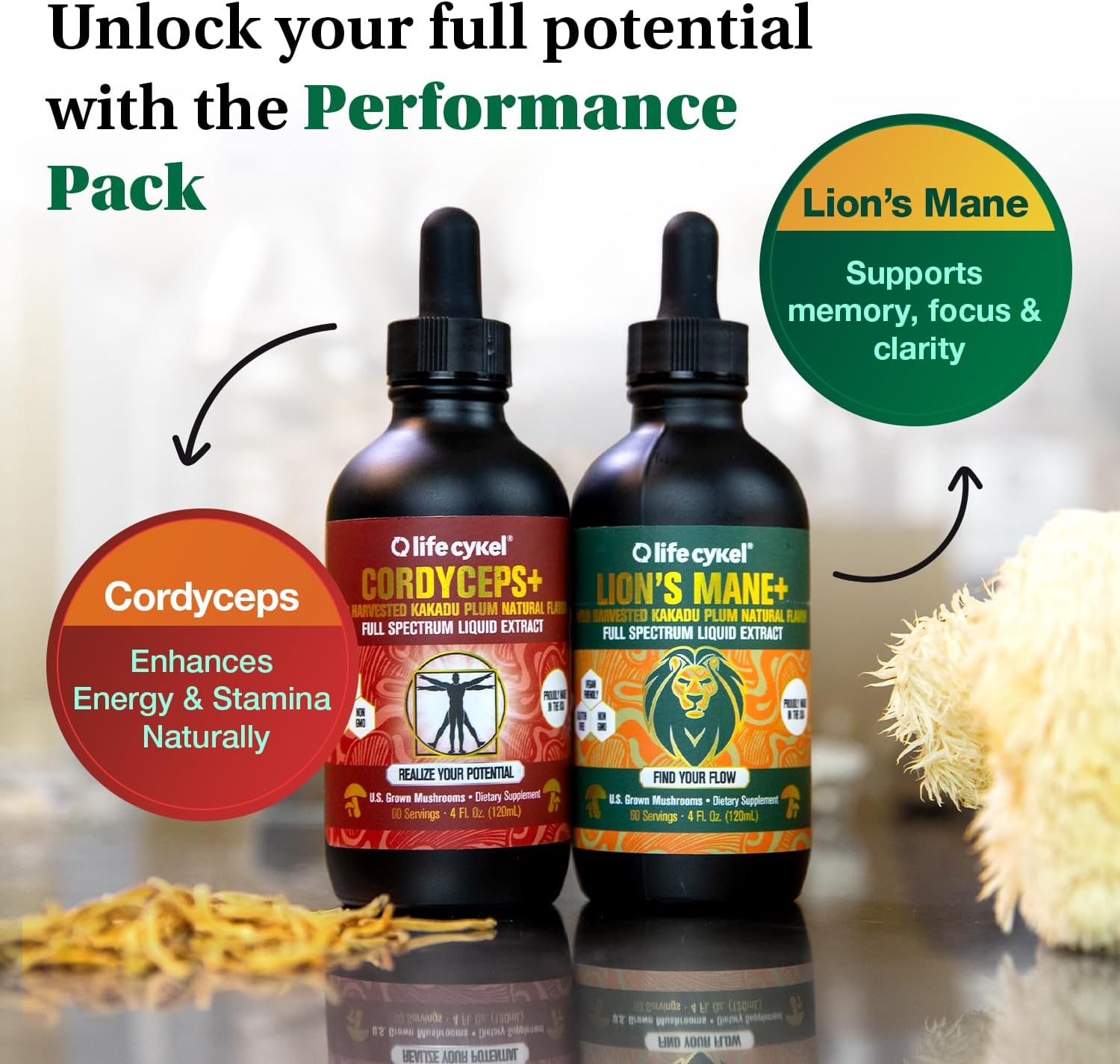 Life Cykel Cordyceps +Lion's Mane Extract Performance Pack - Organic Mushroom Supplement for Energy, Focus & Mental Clarity - USA Made, Pure & Potent Mushroom Liquid Drops for Adults - Image 2