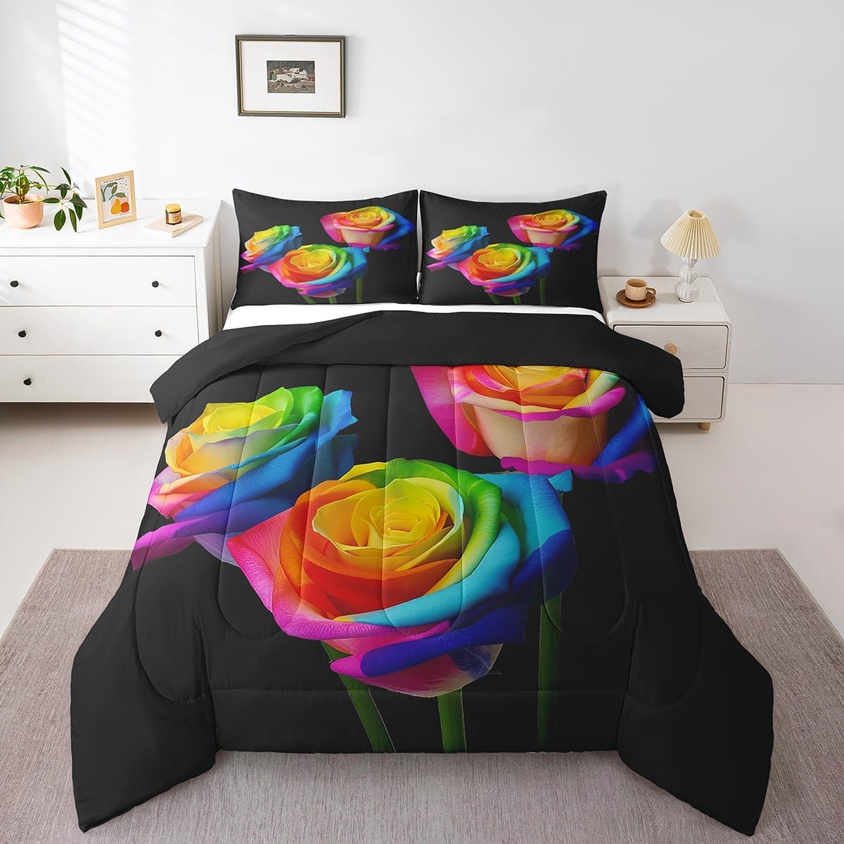 Feelyou Rose Comforter Set Rainbow Roses Floral Comforter Blossom Flowers Bedding Set for Kids Girls Women Colorful Bouquet Duvet Set Couple Lover Valentine's Day Room Decor King Size Quilt Boys
