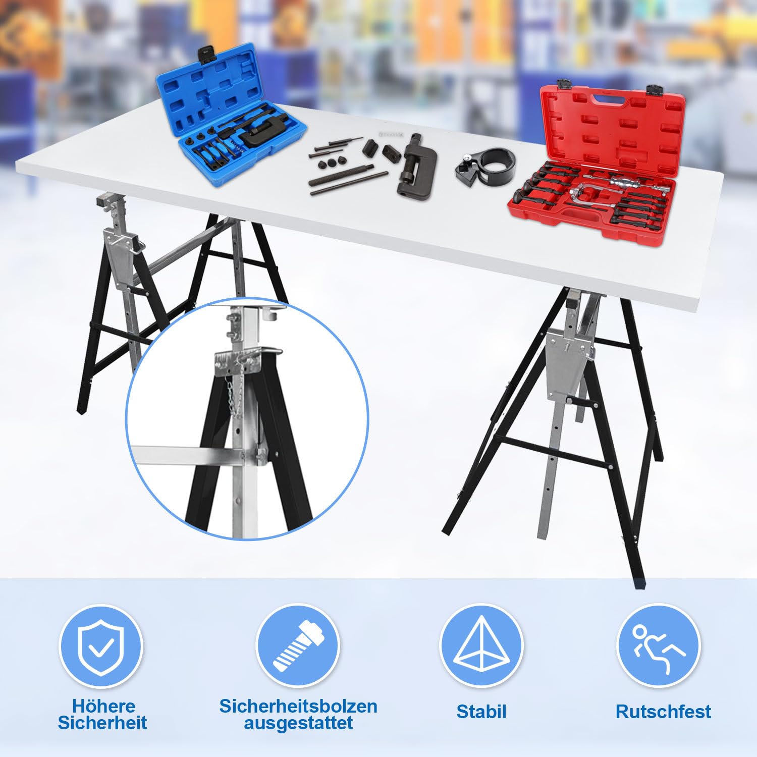 Teleskop-Arbeitsbock 2er Set höhenverstellbar 80-130 cm, 200 kg belastbar, klappbar und rutschfest, Gerüstbock für Malerarbeiten, Bau, Garten und Werkstatt, Schwarz
