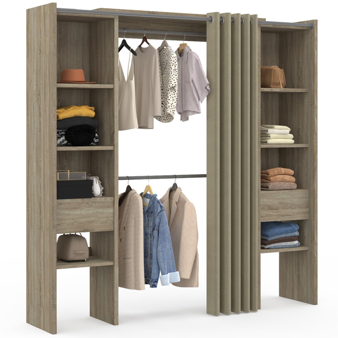 IDMarket - Dressing extensible double MERYL 120/​180 x 50 x 180 cm hêtre avec étagères + double penderie + rideau taupe