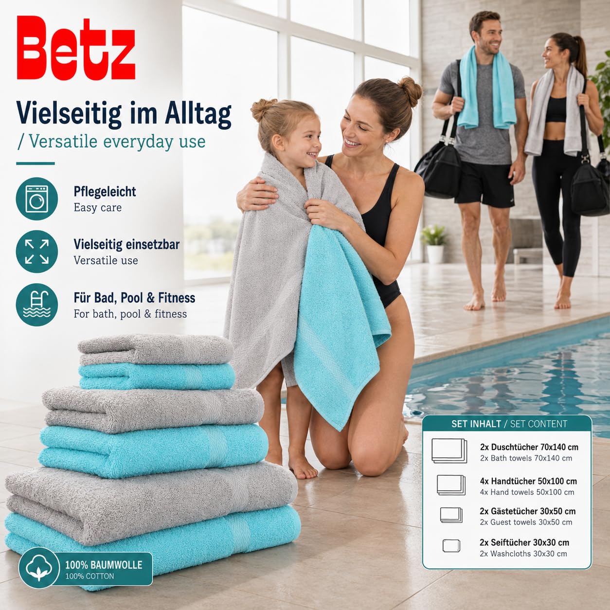 Betz 10-częściowy zestaw ręczników Classic 100% bawełna 2 ręczniki kąpielowe 4 ręczniki do rąk 2 ręczniki dla gości 2 ręczniki do rąk kolor srebrnoszary i turkusowy