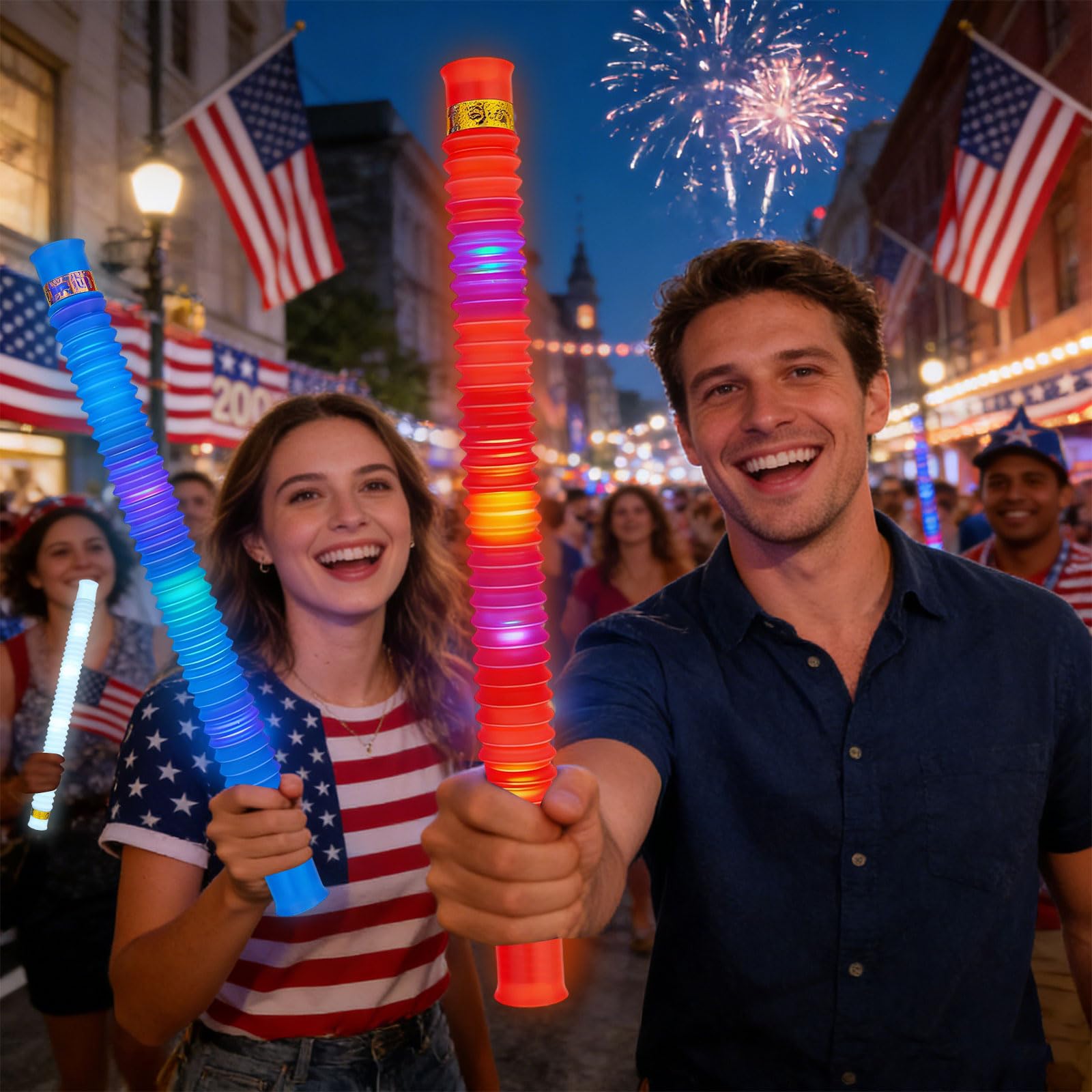 Juego de 12 varillas brillantes patrióticas rojas, blancas y azules para suministros de fiesta del 4 de julio, collares y pulseras que brillan en la oscuridad, decoraciones del Día de la