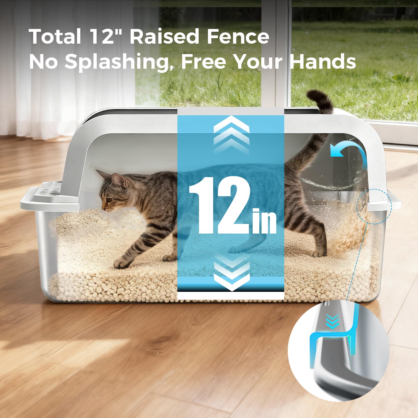 GTPLAYER Stainless Steel Cat Litter Box XL - Extra Large High-Sided Open-Top Metal Litter Box for Large & Multi-Cat Homes, Splash Guard, Low Entry, Easy Clean 304 Steel with Step, Mat & Scoop, White - image 7