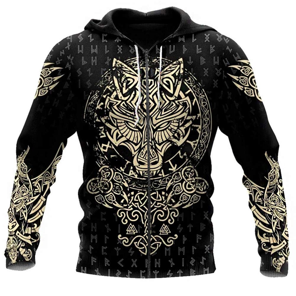 WDBAYXH Men's Viking Fenrir Wolf of Odin 3D Print Full Zip Hoodie Pullover, Norse Mythology Celtic Pagan Big Pockets Long Sleeve Vintage Sweatshirt, Autumn Gifts,Zip,4XL
