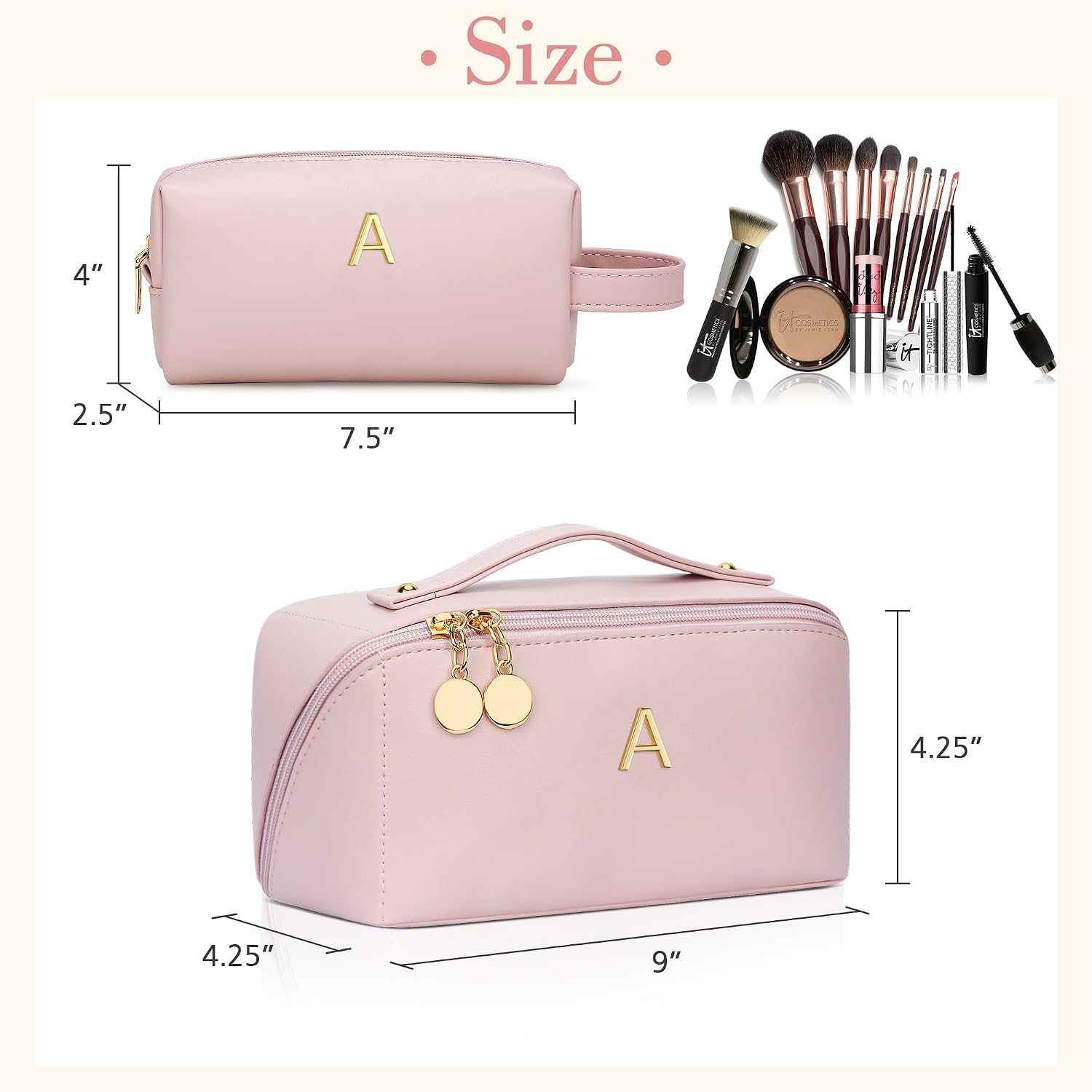 KKXIU Initial Makeup Bag for Women - Personalized Makeup Bag Gifts for Women, Travel Toiletry Bag with PU Leather, Open Flat Design with Top Handle, Cosmetic Bag Set with Multi-Pocket (Pink,A)