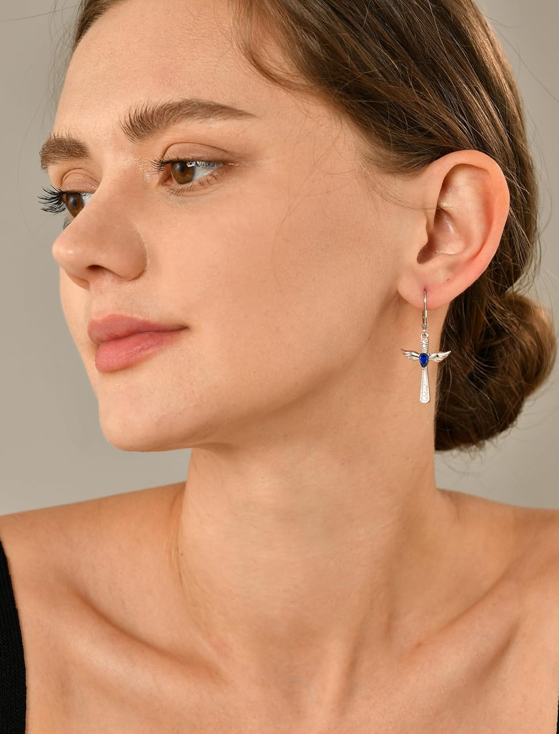 YL 925 Sterling Silver Cross Dangle Drop Earrings Pear Cut Birthstone Angel Wings Leverback Earrings for Women - Image 2