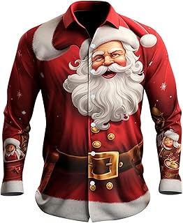 PAIDAXING Men\'s Christmas Shirts Funny Santa Clus Digital 3D Printed Tops Casual Button Down Lapel Long Sleeve Polo Shirts Graphic Xmas Tshirts Blouse Christmas Outfits for Men UK