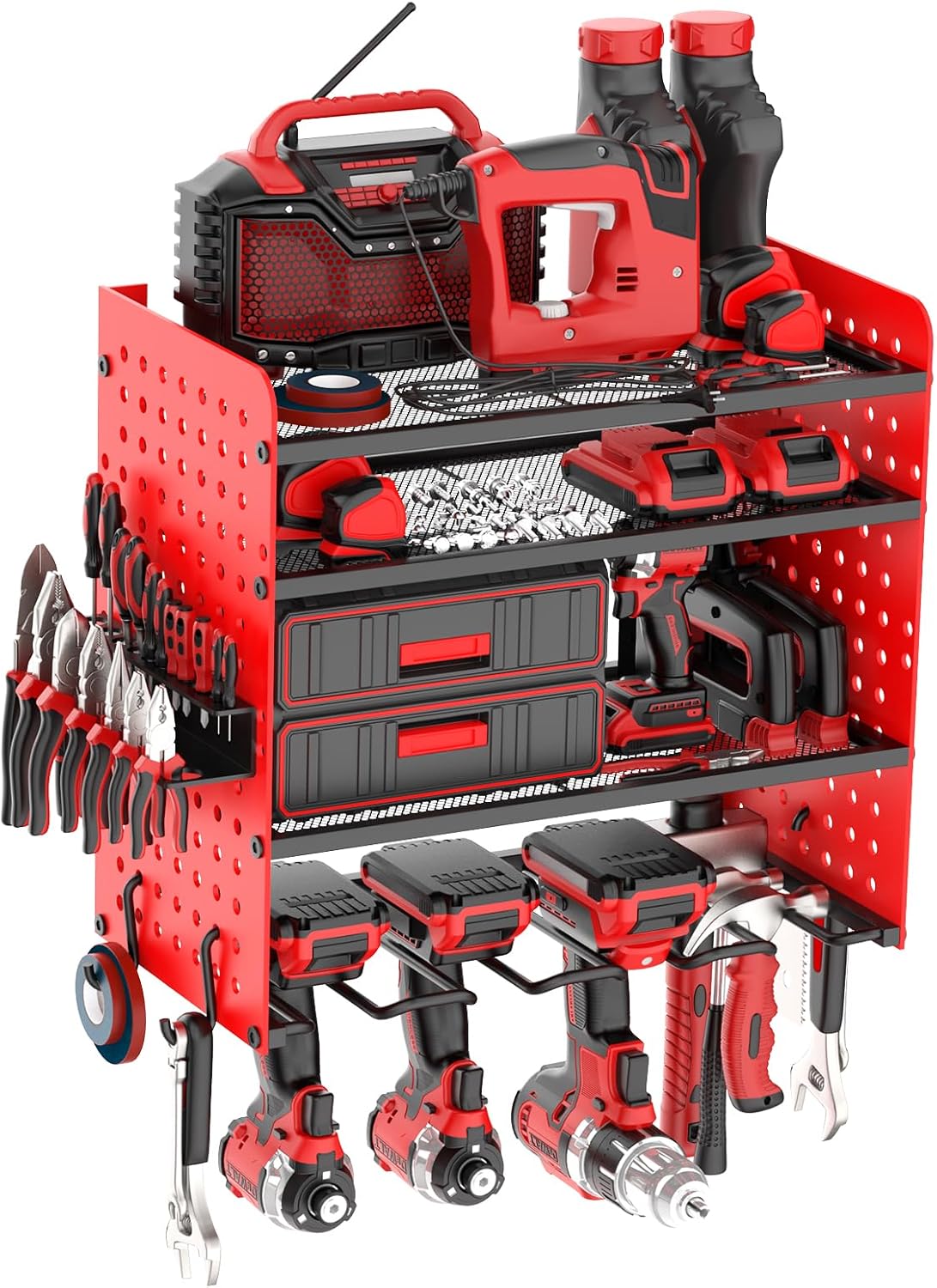 4-Layer Power Tool Organizer Wall Mount Tool Organizers and Storage with 4 Drill Bit Holders Heavy Duty Tool Organizers Utility Rack Tool Organization for Workshop