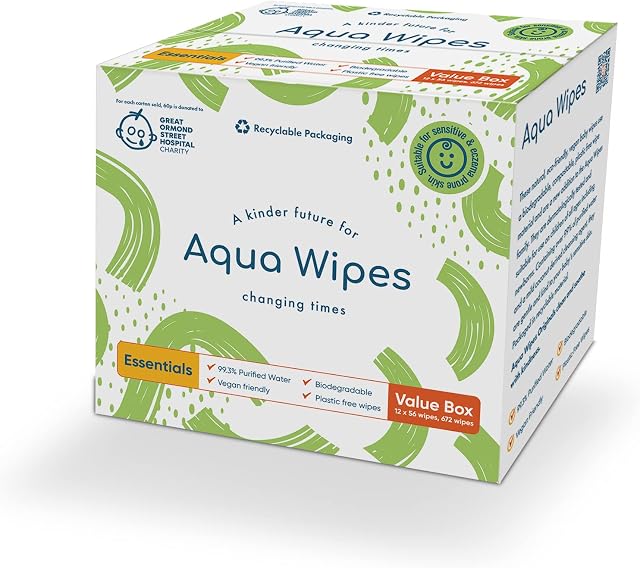 NEW Aqua Wipes Essentials Baby Wipes - Vegan, Biodegradable Wipes with 99.3% purified water (Carton - 12 packs)