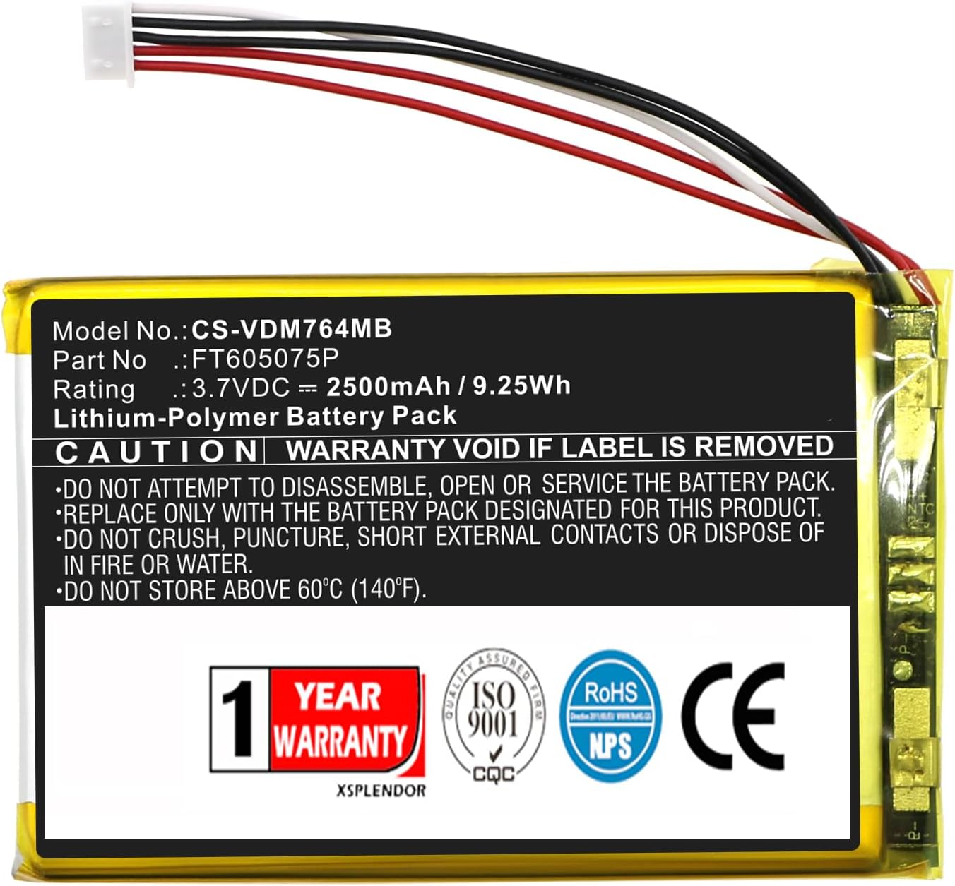 3.7V Replacement Battery for Vtech WiFi Remote Access 2 Camera Baby Monitor RM7764HD RM7764-2HD PN FT605075P 2500mAh
