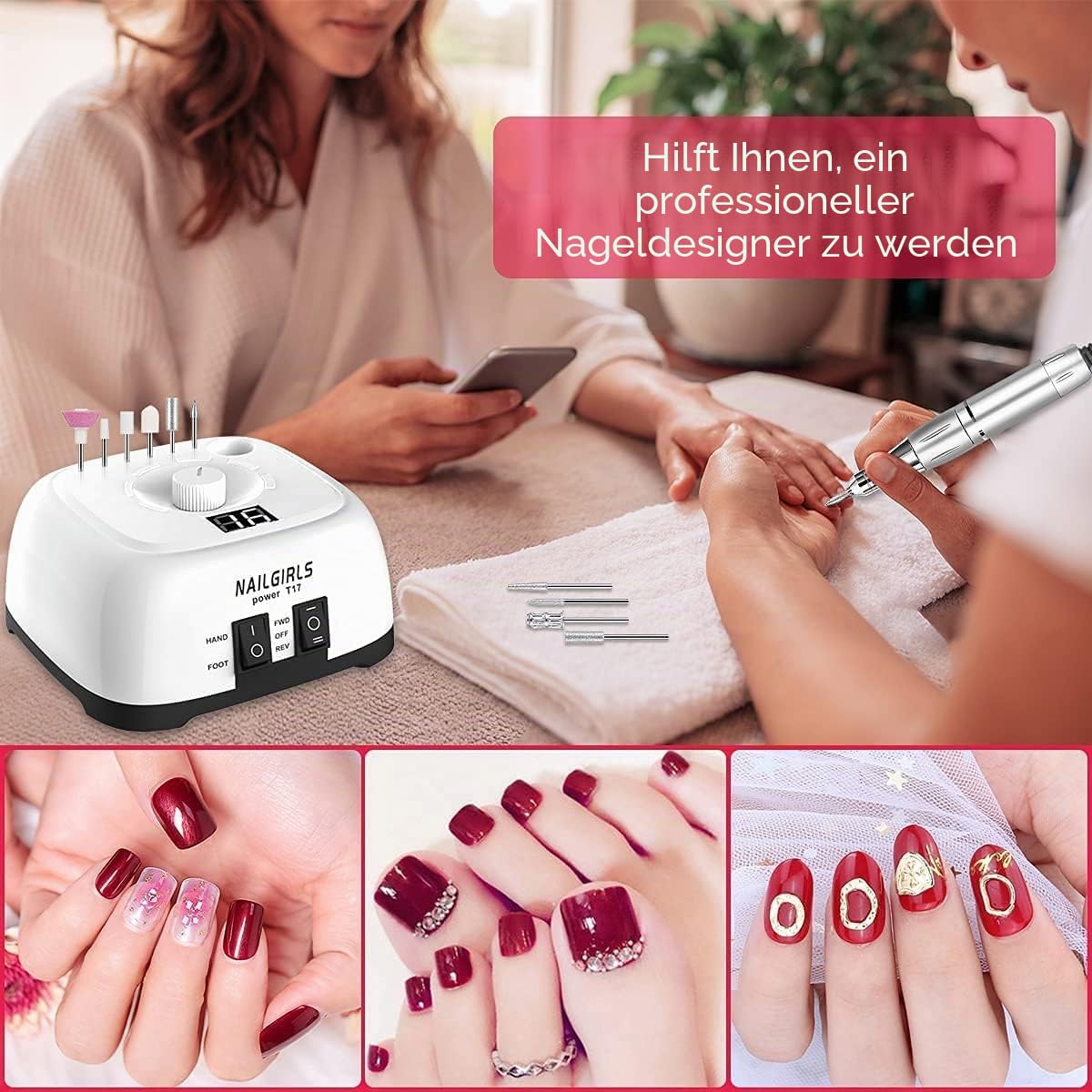 Nagelfeile Elektrisch für gelnägel,NAILGIRLS 11 in 1 Nagel Fräsmaschine,35000 U/Min Nail Drill Nagelfräser Set,Maniküre Pediküreset Elektrisch Nagelfräser für Acrylnägel mit LED-Anzeige und Fußpedal
