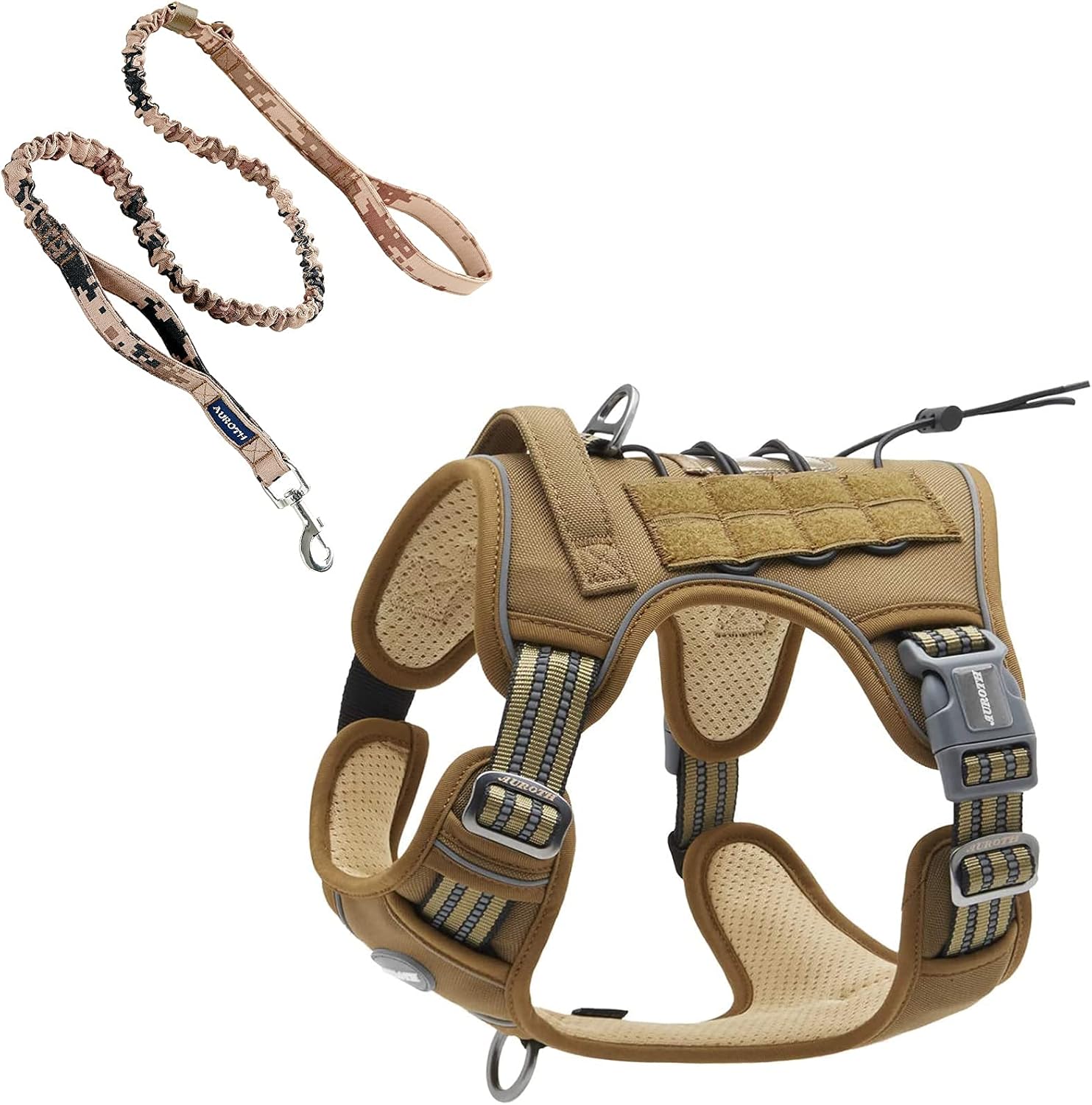 Auroth Tactical Dog Harness with 6 FT Desert Camo Heavy Duty Dog Leash for Large Breed Dogs, No Pulling Reflective Dog Training Vest Army Yellow XL