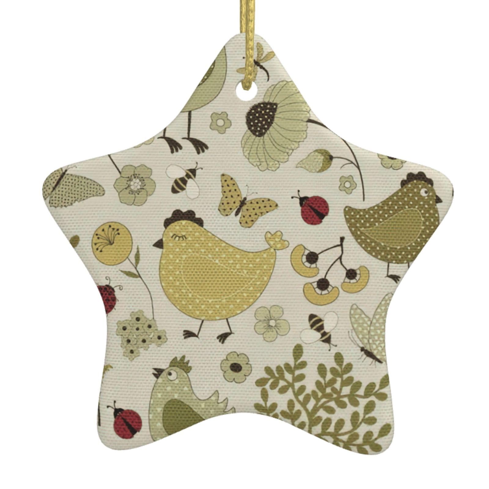 Nbtghga White Yellow Leaves Chicken Print Christmas Ornaments, Ceramic Hanging Ornament, Round Shape Decorations
