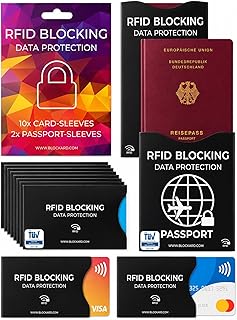 TÜV geprüfte RFID Blocker NFC Kartenhülle | 12 Schutzhüllen für Kreditkarte, EC Karte, Bankkarte & Reisepass | Scheckkartenhülle Kreditkarten Schutzhülle Bankomatkarten Bankkarten Karten Schutz Hülle