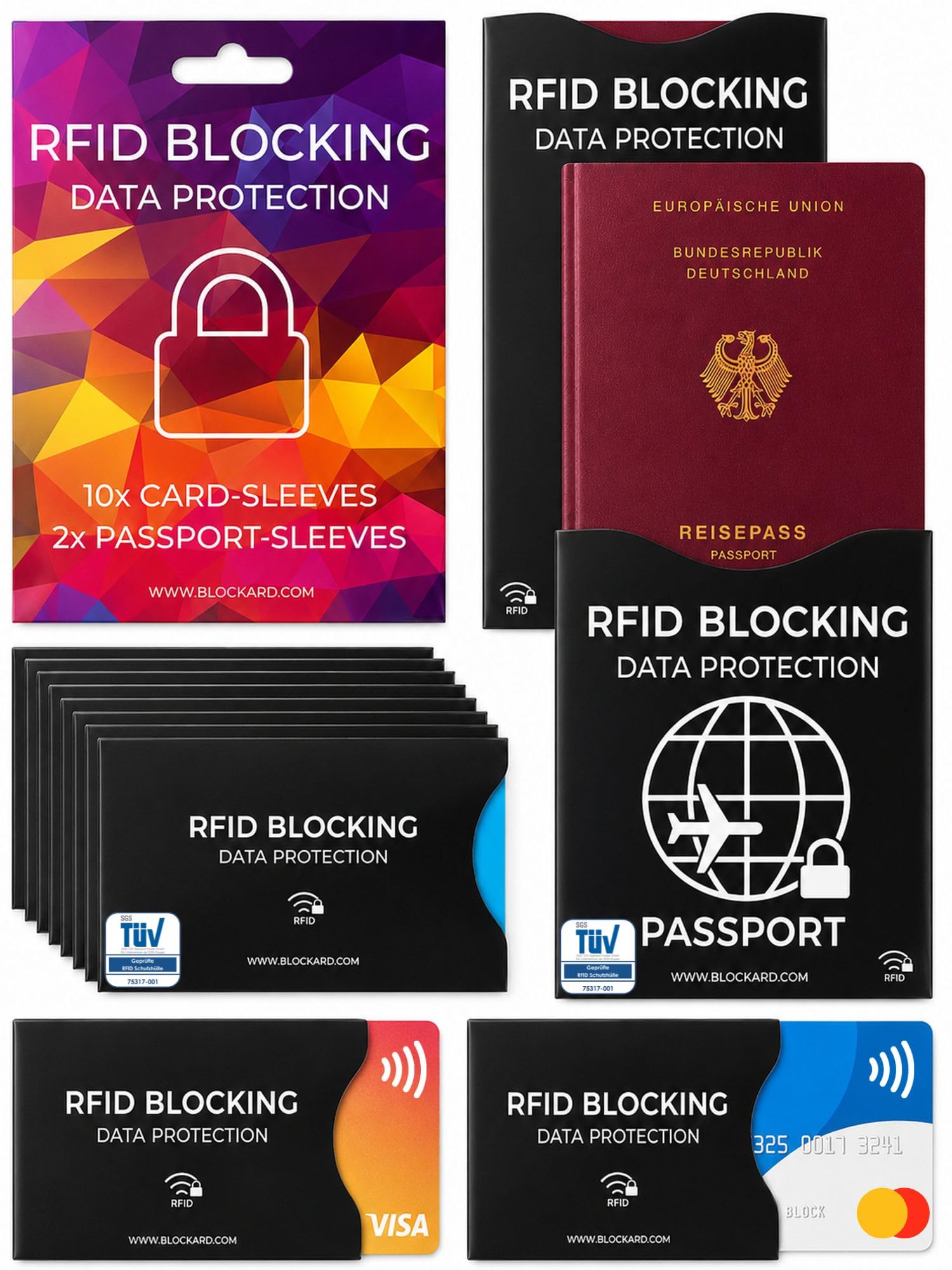 TÜV geprüfte RFID Blocker NFC Kartenhülle | 12 Schutzhüllen für Kreditkarte, EC Karte, Bankkarte & Reisepass | Scheckkartenhülle Kreditkarten Schutzhülle Bankomatkarten Bankkarten Karten Schutz Hülle