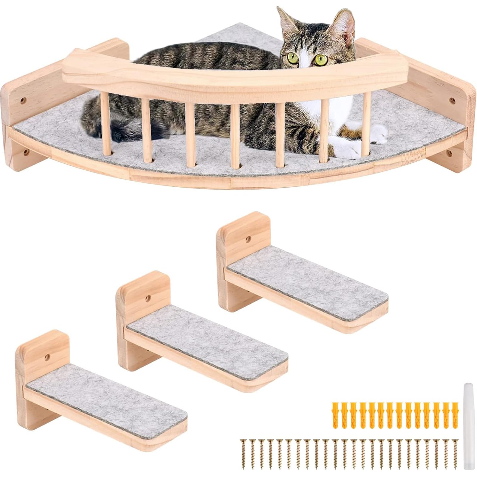 Perchoir d'angle Mural pour Chat avec 3 Marches, Étagère d’Escalade Murale pour Chat Mur Escalier en Bois, Échelle Parcours Mural Chats Interieur pour Grimper, Dormir et Jouer, avecTapis en Feutre