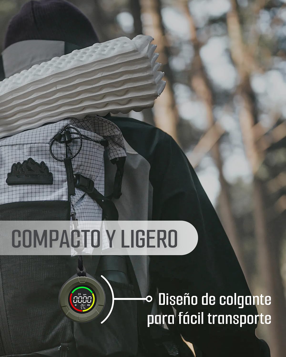 Detector de monóxido de Carbono portátil GasDoc DS-100, Detector de CO 3-en-1 para Viaje & Camping, medidor de CO Recargable con Alerta Audible & Visual, Alarma para hogar & Coche - Bosque Oscuro