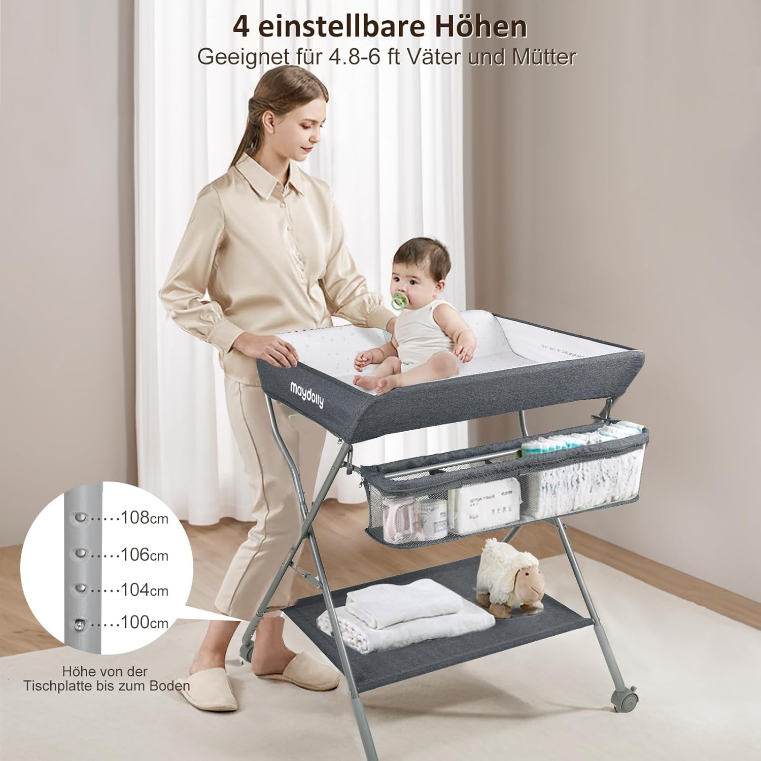 Maydolly Table à langer pour bébé avec roues, station à langer pliante portable à hauteur réglable avec organiseur de pépinière et support de rangement pour nouveau-né et nourrisson (gris foncé)