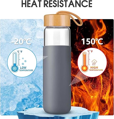 Miniatura 5 de Botella de agua de vidrio de 25 onzas con tapa de bambú, botellas de agua de vidrio de borosilicato con funda, boca ancha y botella de agua apta
