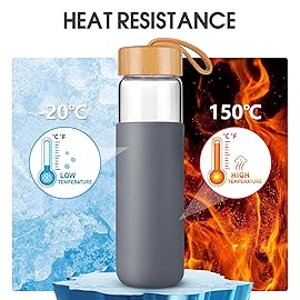 Yomious 25 Oz Borosilicate Glass Water Bottles with Silicone Sleeve BPA Free, Dishwasher Safe - Reusable Clear Glass Drinking with Leak Proof Bamboo Lid | Perfect Gym Water Bottles for Men & Women