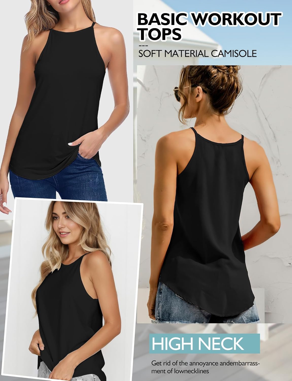 Womens Tank Tops, High Neck Tank Top for Women, Casual Halter Tops for Women, Loose Fit Basic Tee Shirts Summer Sleeveless Tops, Summer Tees Blouses(Black,S) - Image 3