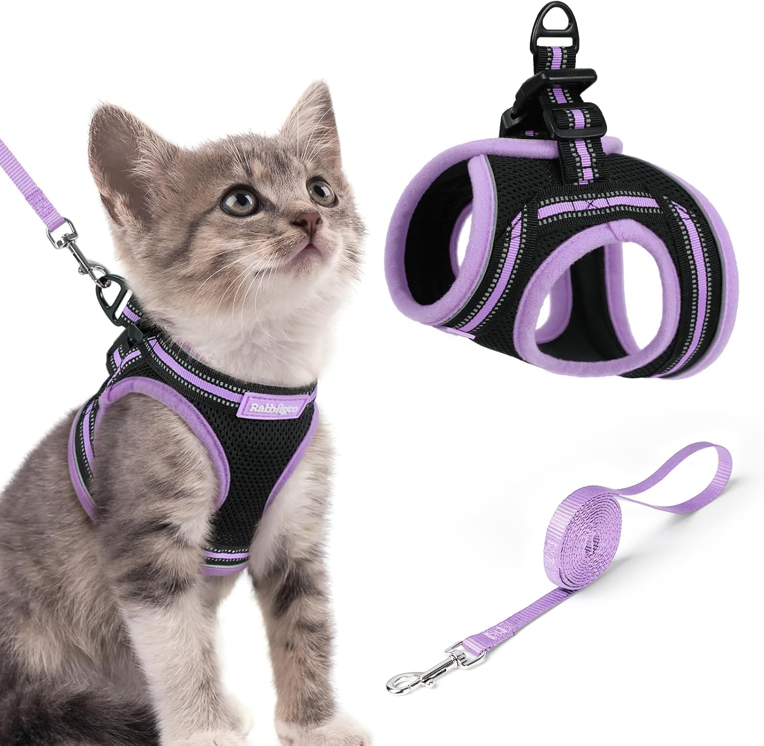 rabbitgoo Cat Harness and Leash Set for Walking Escape Proof, Adjustable Soft Kittens Vest with Reflective Strip for Cats, Comfortable Outdoor Vest, Black & Light Purple, S