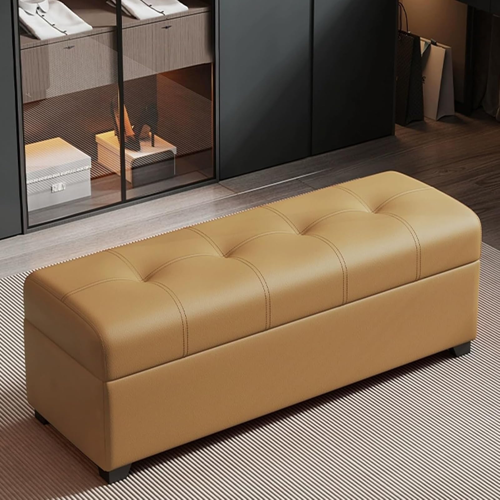 Banc de rangement couloir 100 cm avec siège rembourré orange clair