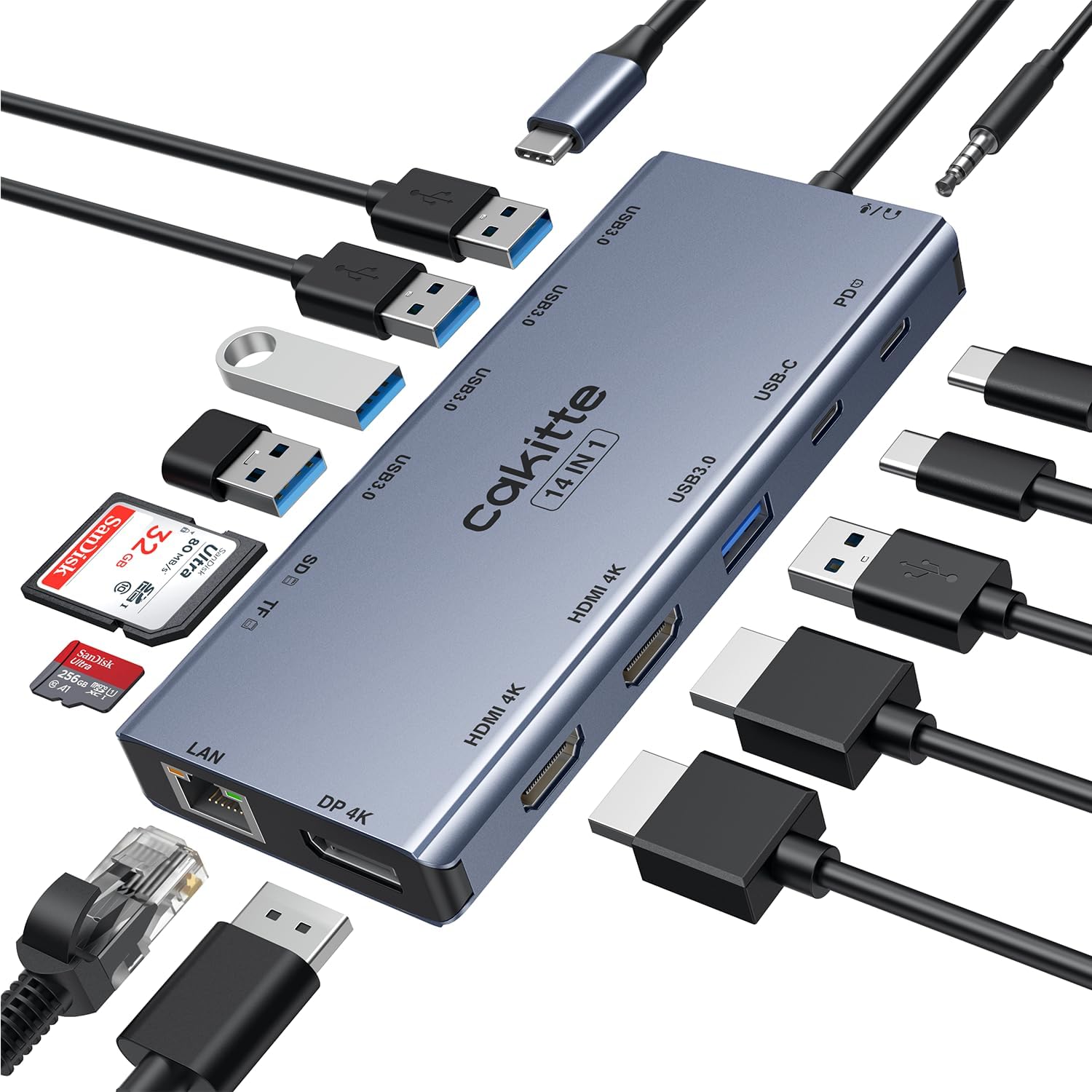 USB C Laptop Docking Station, cakitte 14 in 1 Type C Hub Multiport Adapter with 3 Monitors, Dual HDMI, DP, Ethernet, SD/TF, Mic/Audio, PD,Compatible for MacBook Dell HP Lenovo (Grey)