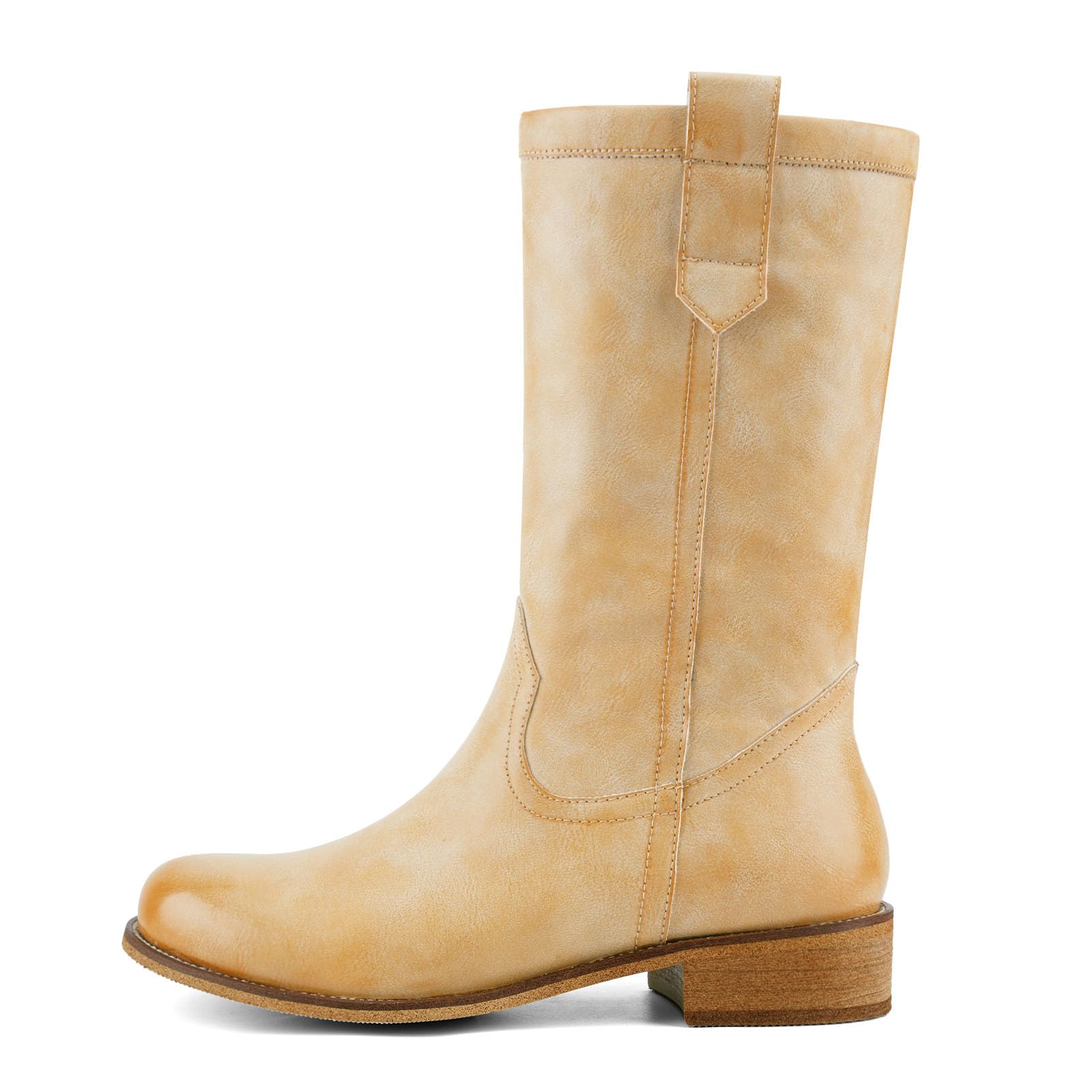 QIV Mid Calf Boots for Women Pull On Chunky Heel Round Toe Campus Comfortable Fall Riding Boot Low