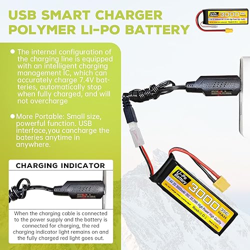 Miniatura 4 de sea jump 2S Lipo Batería 7.4V 3000mAh 35C con enchufe XT60 y cable de carga USB adecuado para RC coche, camión, barco, RC Quadcopter Aircraft,