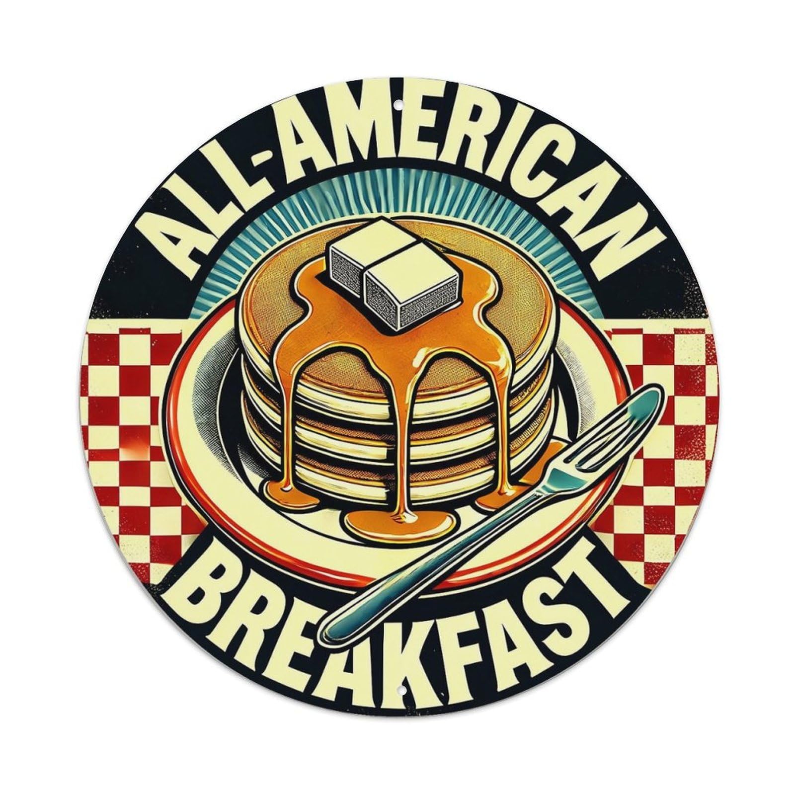 All American Breakfast Pancakes Syrup Round Tin Sign Vintage Metal Sign Home Bar Garden Indoor & Outdoor Wall Decor Retro Metal Poster 8x8 Inch