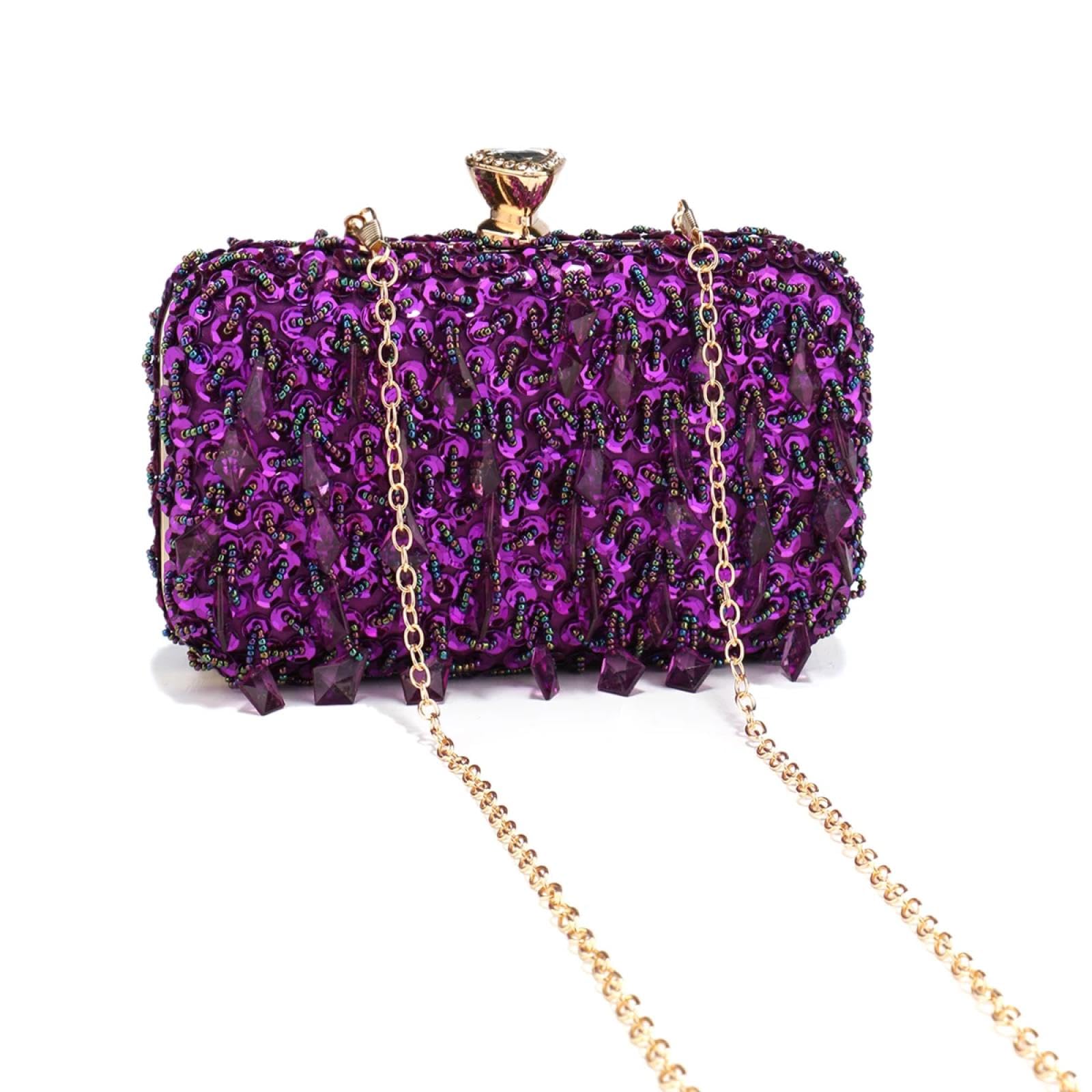 Abendtasche Damen Clutch Glitter Party Abendessen Abend Taschen Lila Farbe Quaste Acryl Clutch Taschen Flap Mode Metall Kette Handtaschen Perlen