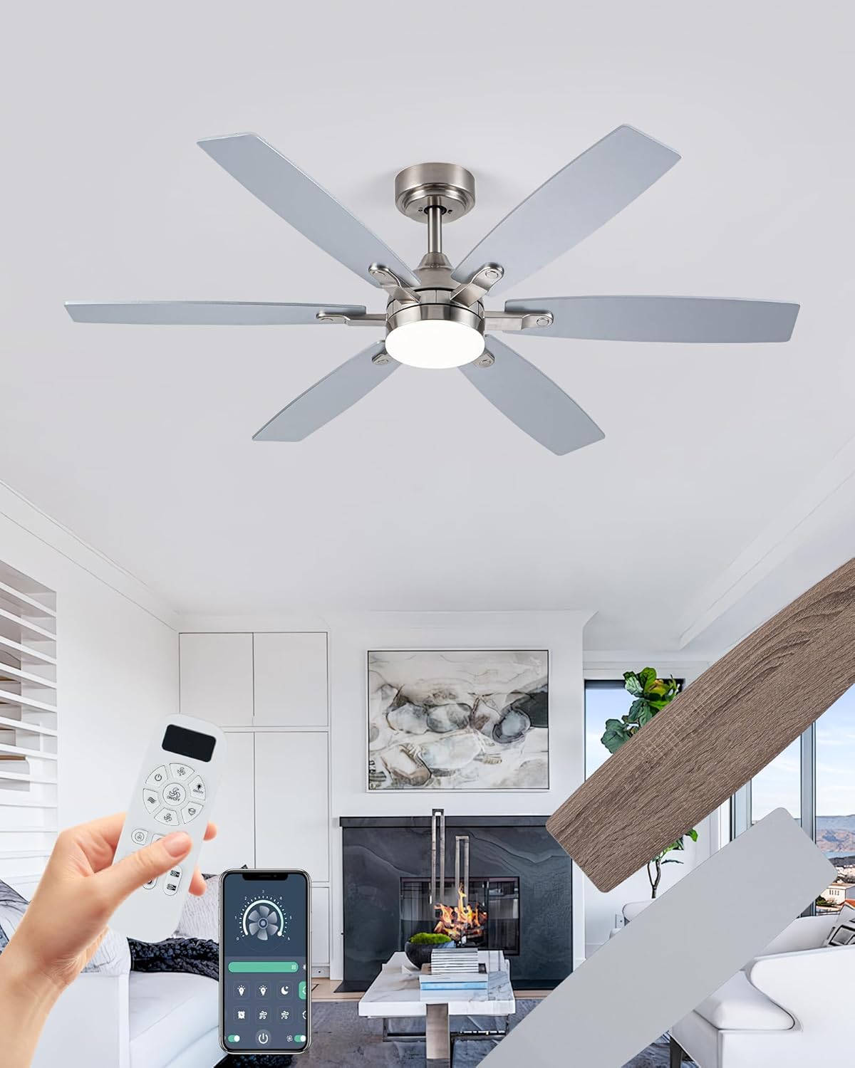 Coolwind 52" Ceiling Fan with Light, Silver 6 Double-Side Blades and App/Display Remote Control, 6 Speed Reversible DC Motor, 3CCT Dimmable Led Flush Mount Ceiling Fan for Bedroom Indoor/Outdoor Use