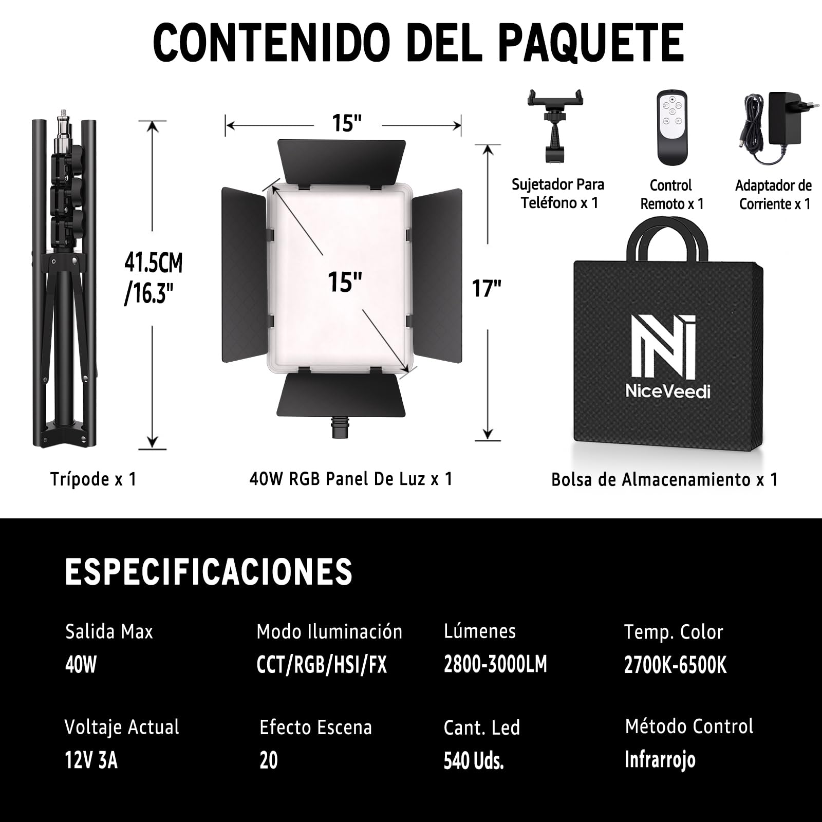NiceVeedi Luz de video RGB de 15 pulgadas, iluminación de estudio fotográfico de 40 W con control remoto y soporte para teléfono, panel de luz LED regulable de 2700 K-6500 K con 20 escenas/modo RGB