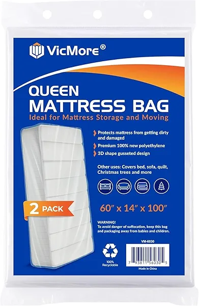 VICMORE 2 Pack Queen Mattress Bags for Moving, Storage & Disposal – Clear Heavy-Duty Plastic Covers, Tear-Resistant & Dustproof, Recyclable (Fits Queen Beds)
