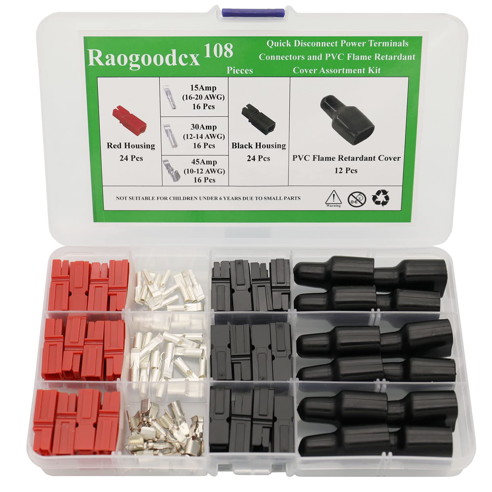 Lot de 108 connecteurs à déconnexion rapide Rouge/noir 15/30/45 A Connecteur d'alimentation Prise de batterie avec couvercle en PVC ignifuge