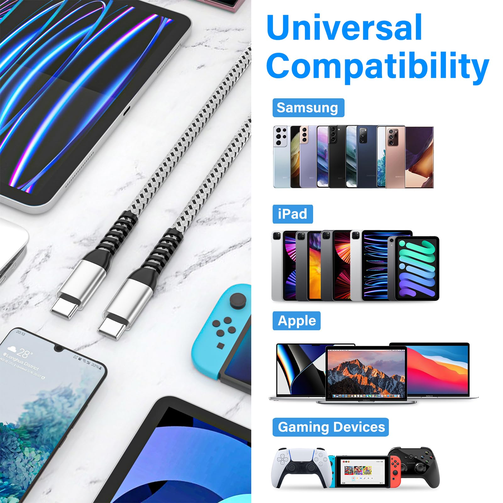 Cavo USB C a USB C da 60 W (confezione da 3 da 1,8 m), 60 W USBC tipo C lungo cavo di ricarica veloce per iPhone 15 Por Max Plus/MacBook Air/Pro, iPad Pro 12.9/11/, Samsung Galaxy S23/22/21/20/Note