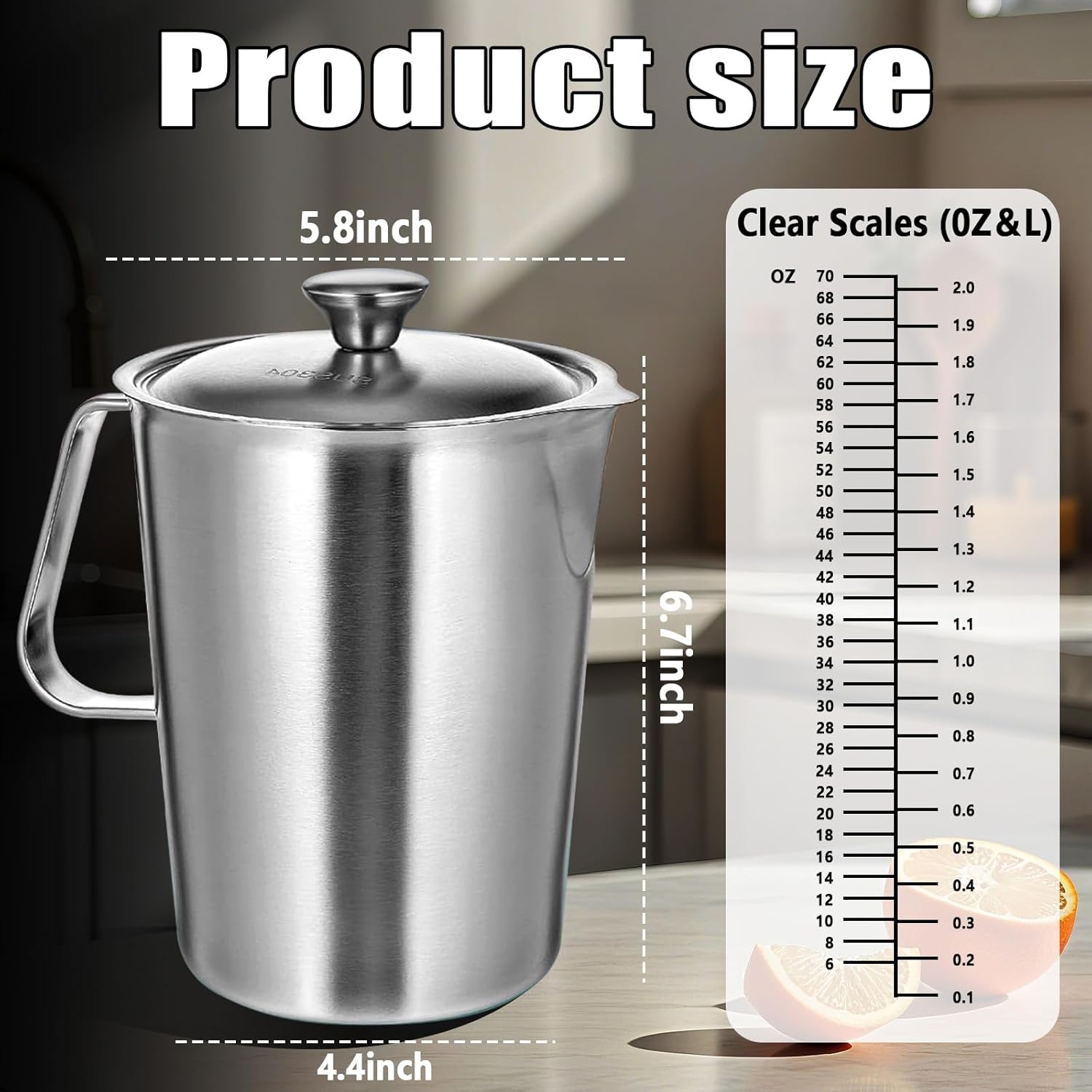 Large Stainless Steel Pitcher with Lid, 8.5 Cup Milk Frothing Jug with Handle,70 oz Metal Measuring Cup,2 L Water Pitcher for Espresso Machines, Latte Art, Iced Tea, Hot and Cold Water (70 oz, A) - Image 2