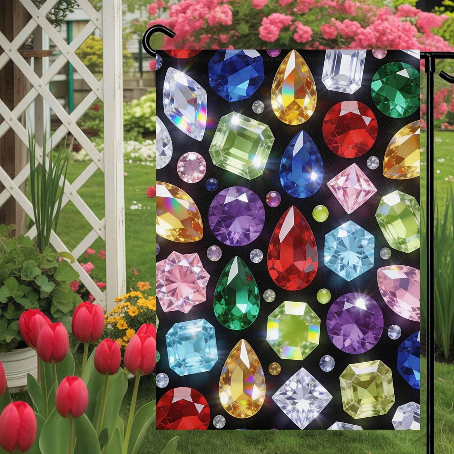 Jewelry Garden Flag 28x 40 Double Side, Colorful Gemstone Classic Black Garden Flags Outside House Flag Banner Welcome Yard Flag for Holiday Party Outdoor Decorations All Seasons