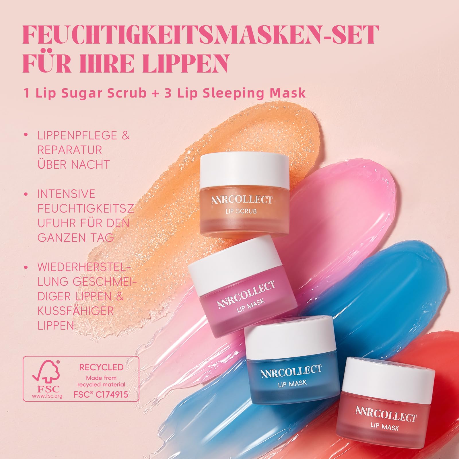 ANRCOLLECT Lippenmaske+ Lip scrub, Lippenpeeling, 4P Lippenpflege Set Mit 3 Lip Sleeping Mask, Lippenmaske Overnight, Lippenbalsam Set FÜR Trockene, Spröde, Rissige Lippen, Feine Linien & Falten | 1 Peeling Scrub + 3 Overnight Masken für weiche, hydratisi