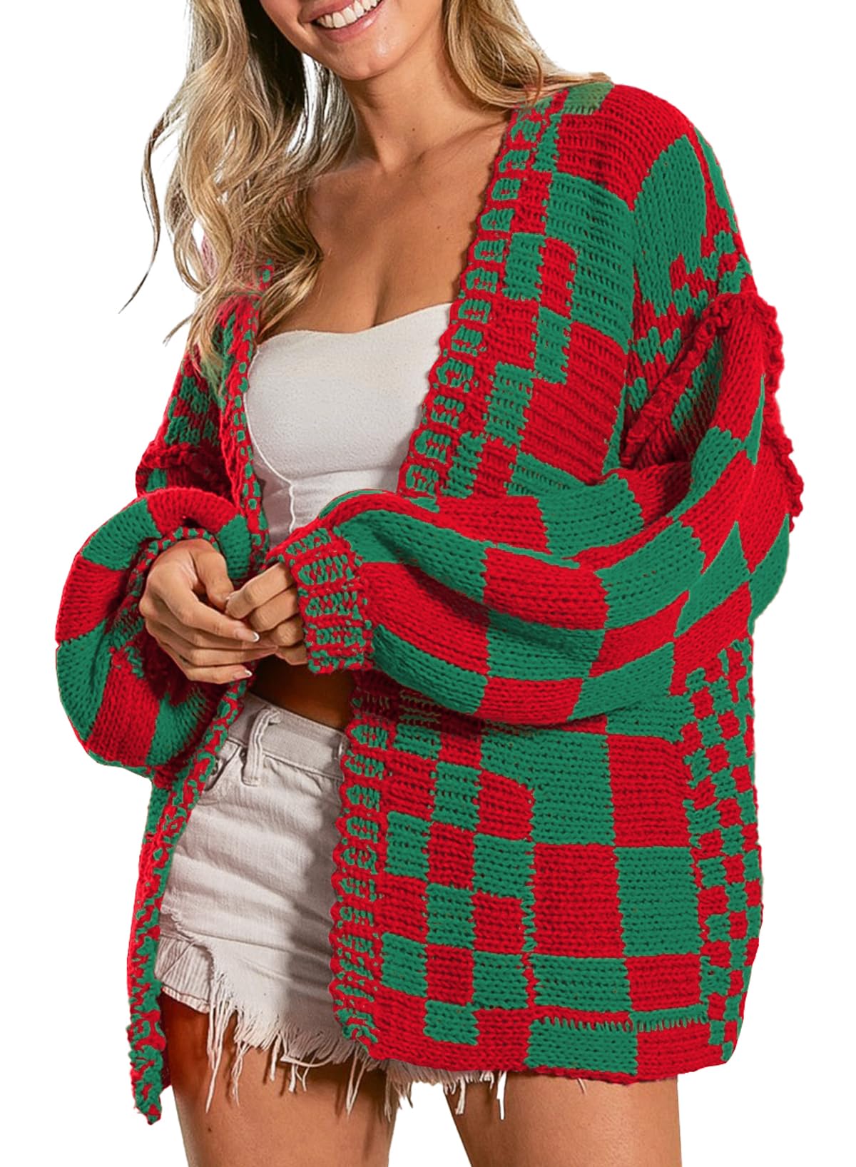 SELINK Women's Cardigan Sweater Vintage Open Front Mixed Checkered Pattern Chunky Knit Plaid Long Sleeve Daily Outwear