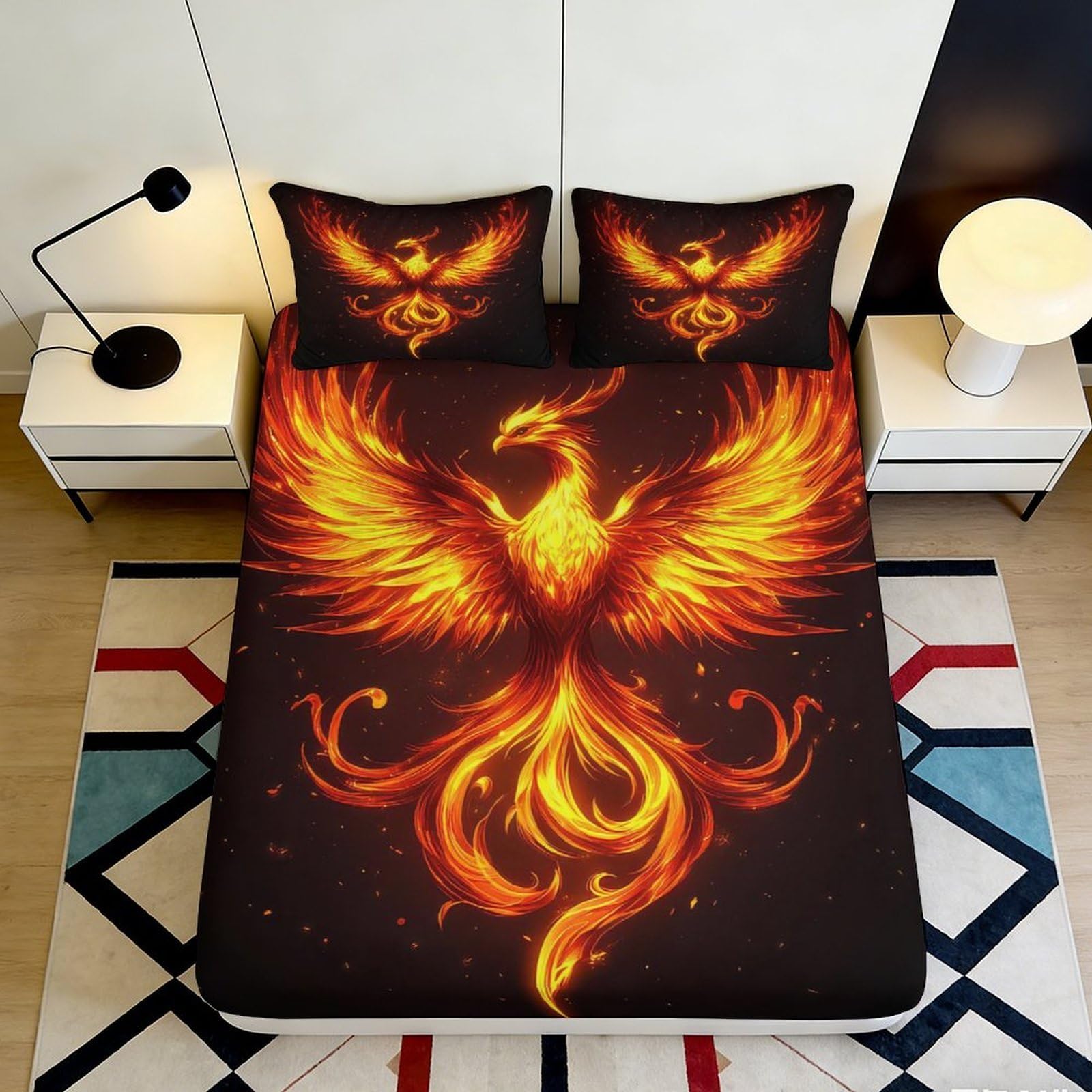 3D Printed Fiery Phoenix Fitted Sheet Microfiber Soft Breathable Flame Bird Bed Cover for Bedroom Dormitory Guest Room Mattress Protection Decor 180x200x25cm