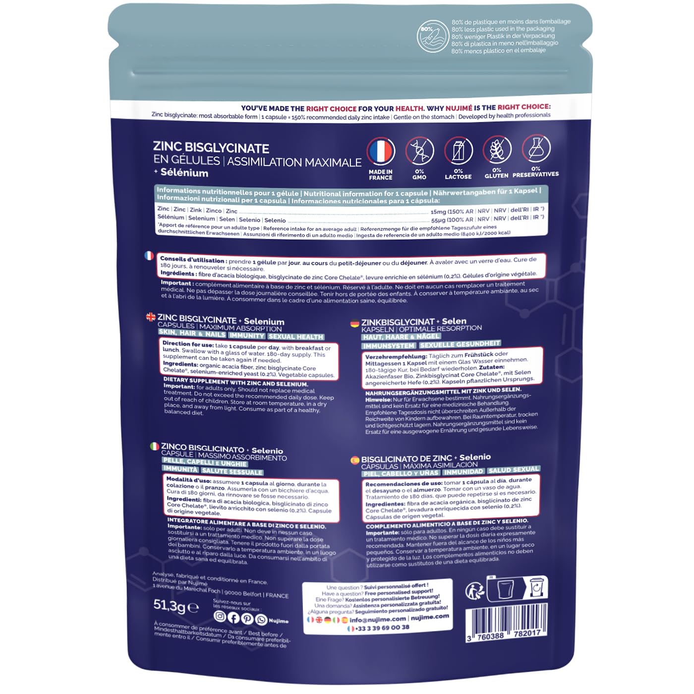 Zinc Bisglycinate 15mg + Sélénium | Assimilation Maximale | Peau, Ongles, Cheveux, Immunité, Fertilité | Fabriqué en France (180 gélules | 6 mois)