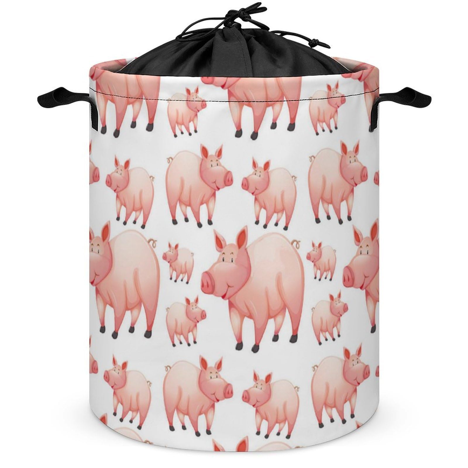 Wlntrophic Drawstring Laundry Hamper, Pink Cartoon Farm Pig Laundry Basket, Washing Basket with Handle
