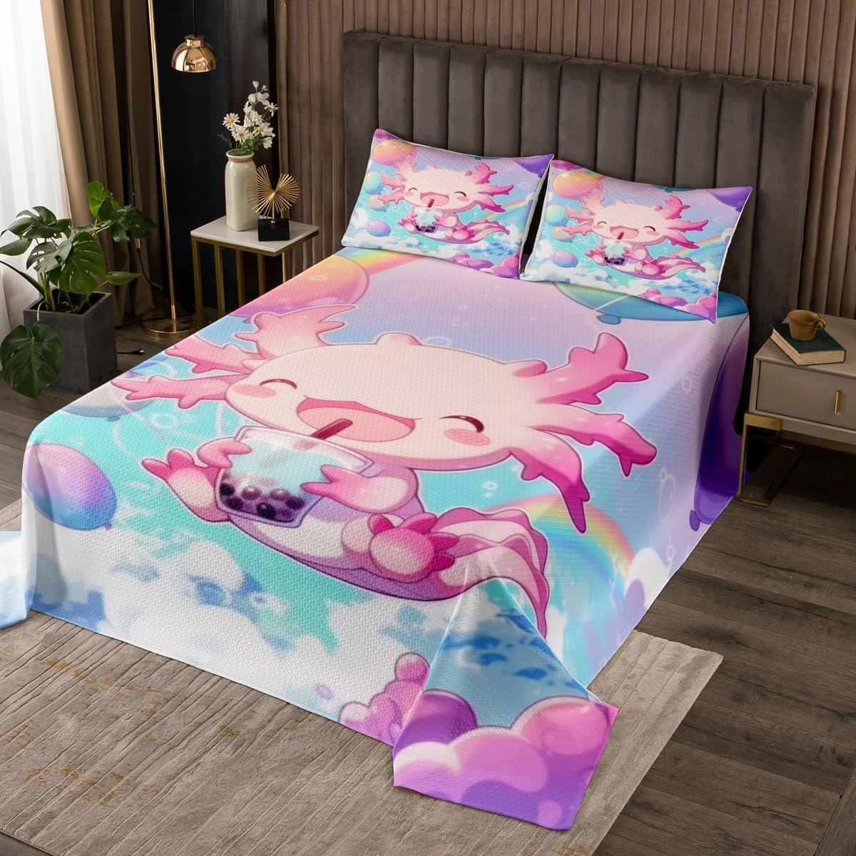 Erosebridal Kawaii Axolotl Bedspread Set, Nautical Sea Animal Coverlet Set Queen Coral Green Botanical Plant Quilted, Walking Fish Reptile Salamander Decor, Kawaii Room Decor