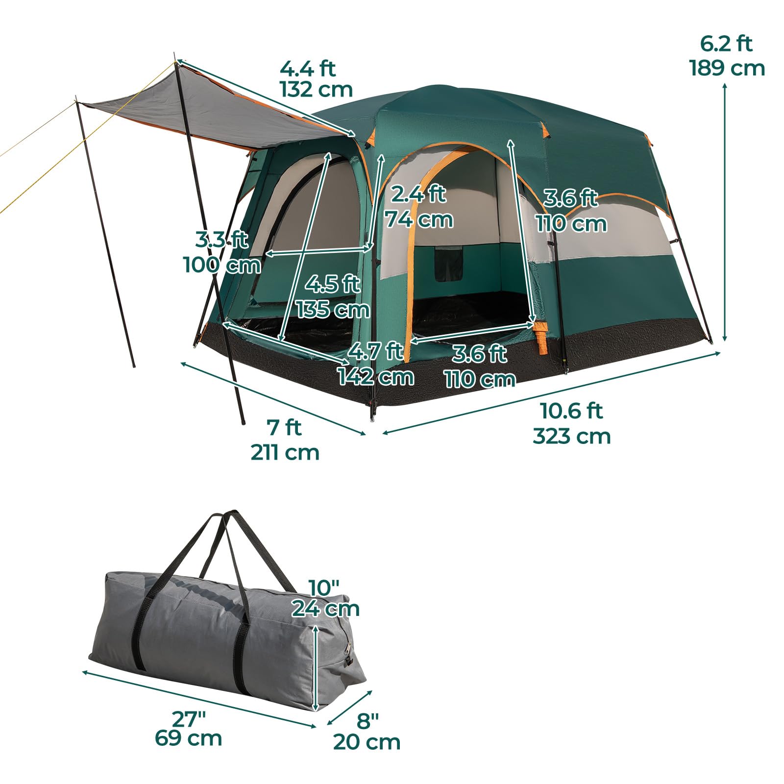 GYMAX Tente de Camping pour 4-6 Personnes, avec Grand Pare-Soleil Avant, Séparateur Intérieur de 2 Pièces, Fenêtre Maillée et 2 Portes Latérales Grillagées Enroulables
